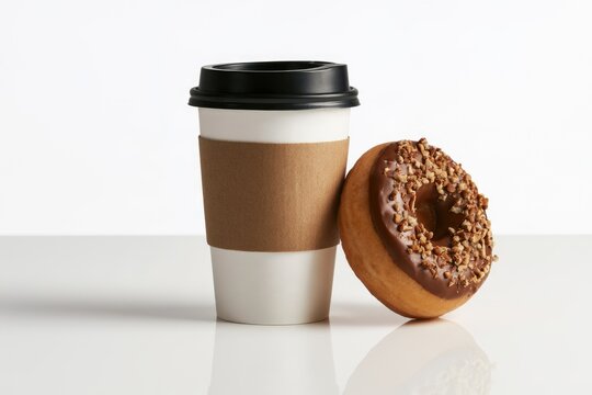 A takeaway coffee cup with a brown sleeve stands next to a chocolate-glazed donut topped with nuts on a reflective white surface.