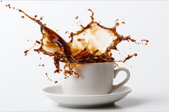 Coffee splashes energetically out of a white cup on a matching saucer against a plain white background.