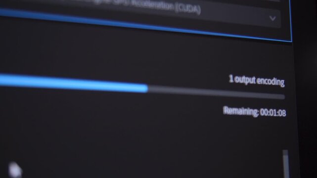 Video encoding in progress during post production, illustrating video rendering, media export and digital content creation workflows.