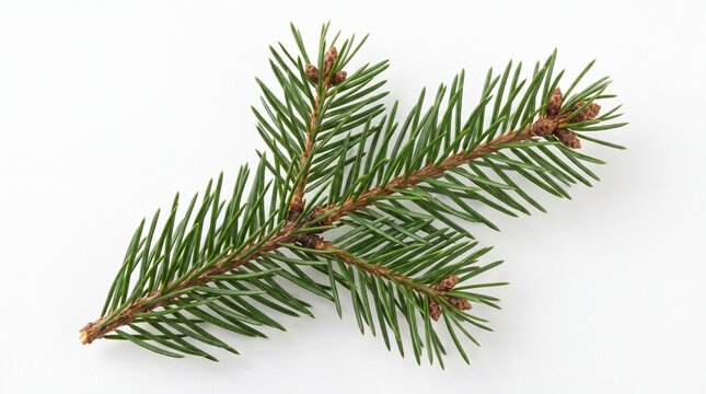 Evergreen fir tree branch with small pine cones isolated on transparent background png high resolution