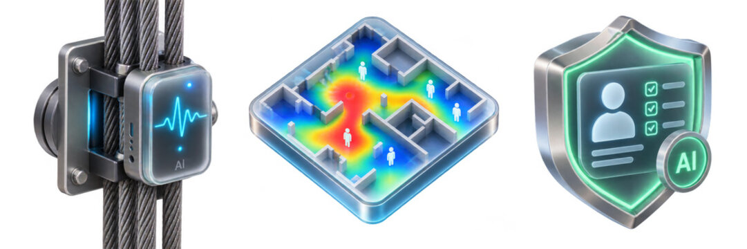 3D Industrial IoT Icons with Cable Monitor Clamp, Indoor Navigation Heatmap, and AI Biometric ID Shield