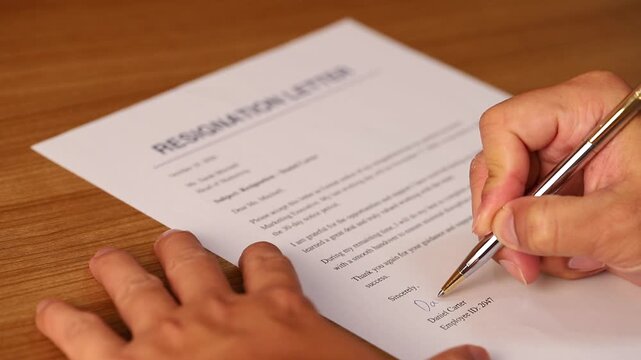 Close up of a person signing a resignation letter document with a pen on a wooden office desk, representing career change, job resignation, and human resources professional agreements