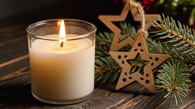 Close-up of a warm flickering candle and wooden Christmas ornament on a table