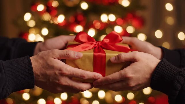 Close-up of hands giving a wrapped Christmas gift box to another person
