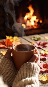 Close-up of hands wearing a cozy knit sweater holding a hot mug with steam
