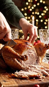 Close-up of hands slicing a hot roasted Christmas turkey on a festive dinner table