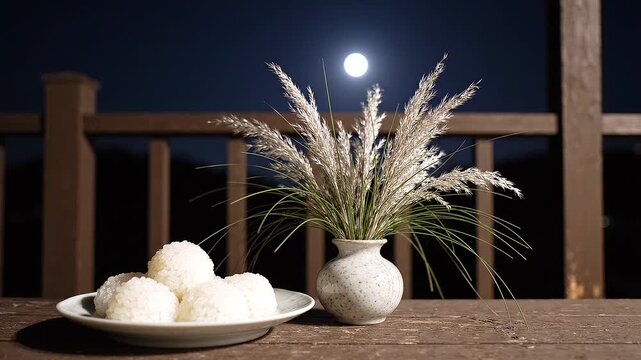 Japanese traditional moon viewing setup with dumplings, pampas grass, and full moon
