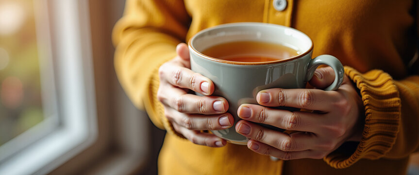 Person holding hot cup of tea for morning routine and cozy websites
