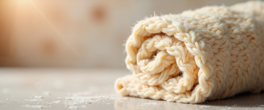 Rolled knit textile on surface for home advertising and winter comfort themes