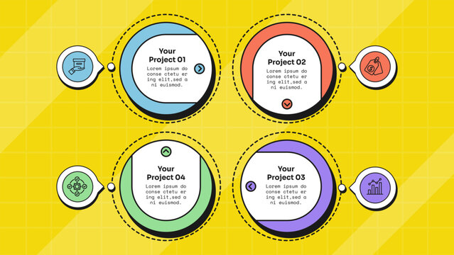 circle infographic template with four point ring dashed orbit arrow button speech bubble badge layout, neobrutalism flat style