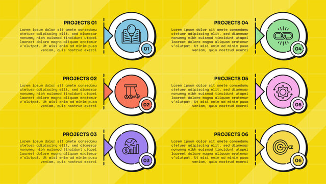 circle infographic template with six point ring triangle pointer number badge two column layout, neobrutalism flat style