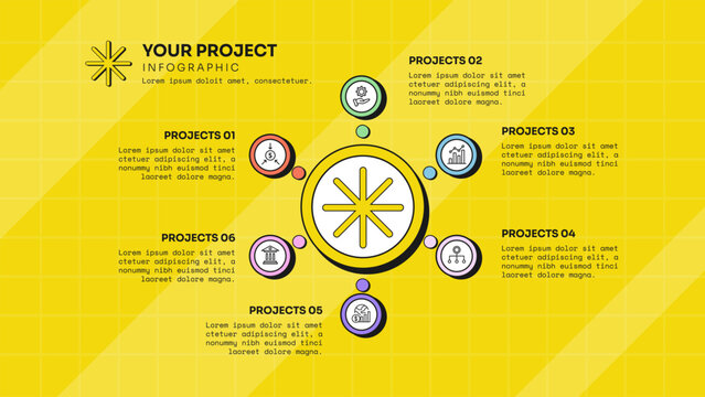 circle infographic template with six point radial hub asterisk ring badge dot layout, neobrutalism flat style
