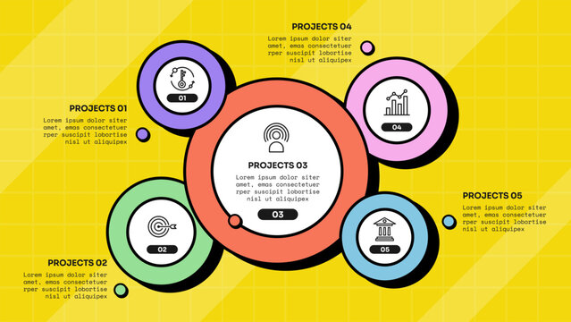 circle infographic template with five point big center ring cluster number pill dot layout, neobrutalism flat style