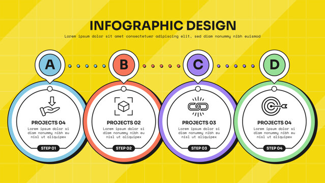 circle infographic template with four step abcd letter pin dotted line linked ring row layout, neobrutalism flat style