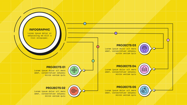 circle infographic template with five point big ring hub bent connector line speech bubble badge layout, neobrutalism flat style