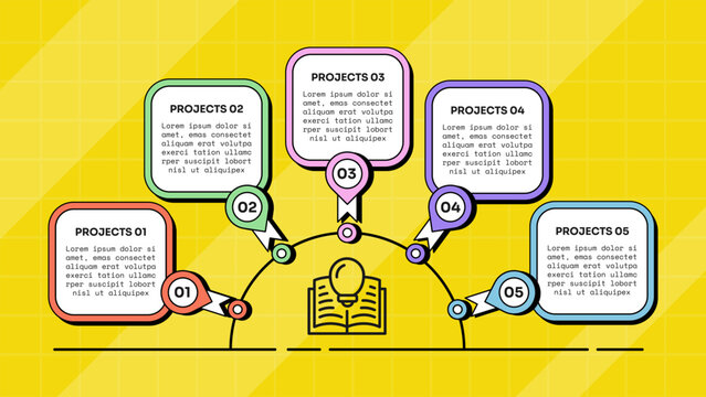 circle infographic template with five point semicircle arc rounded box pin badge arch layout, neobrutalism flat style