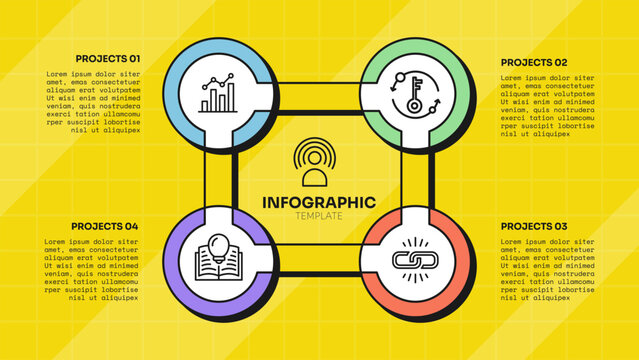 circle infographic template with four point ring corner square frame connector bar layout, neobrutalism flat style