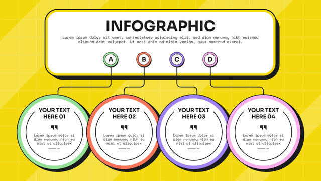 circle infographic template with four point abcd letter overlapping ring header box bent connector line layout, neobrutalism flat style