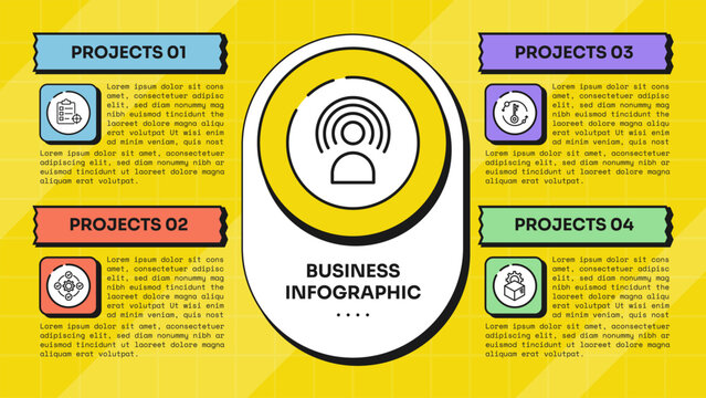 circle infographic template with four point tall capsule pill center ring jagged banner square tile layout, neobrutalism flat style