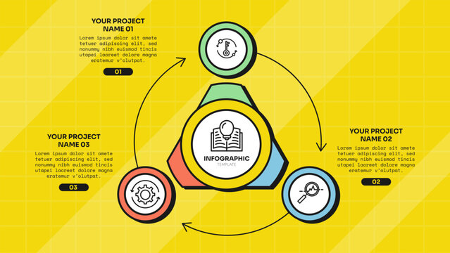 circle infographic template with three point cycle center ring triangle curved arrow badge layout, neobrutalism flat style