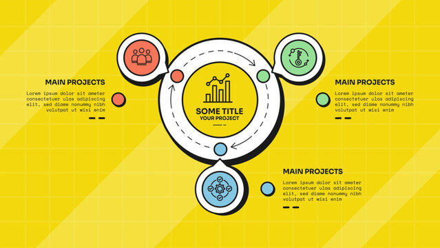 circle infographic template with three point center ring dashed circular arrow speech bubble badge layout, neobrutalism flat style