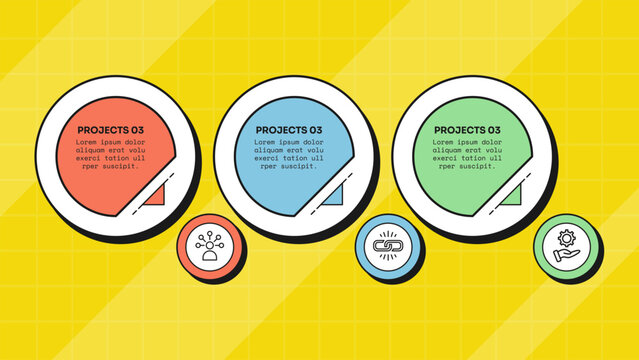 circle infographic template with three point peeling sticker corner ring small badge row layout, neobrutalism flat style