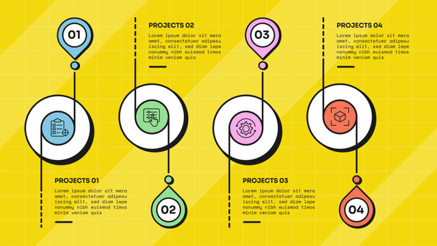 circle infographic template with four point ring pin number badge vertical line alternating timeline layout, neobrutalism flat style