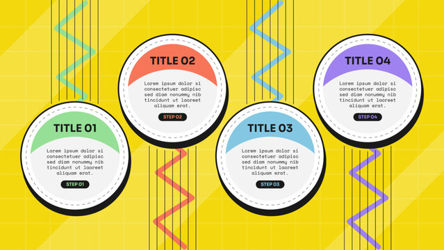 circle infographic template with four step dashed ring semicircle header zigzag line staggered layout, neobrutalism flat style