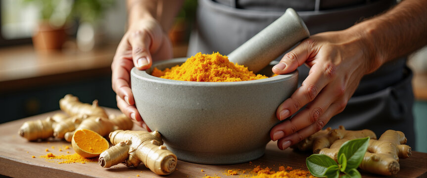 Person preparing roots in bowl for natural medicine and healthy cooking content