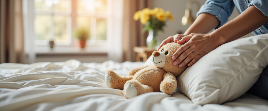 Person touching stuffed animal on linen for child therapy and emotional support websites