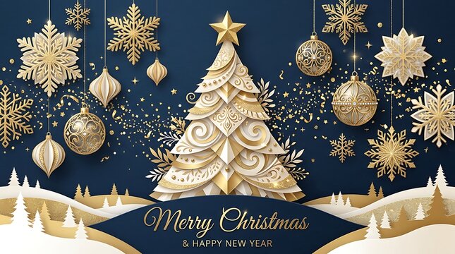Christmas tree with ornaments and snowflakes celebrating holiday season