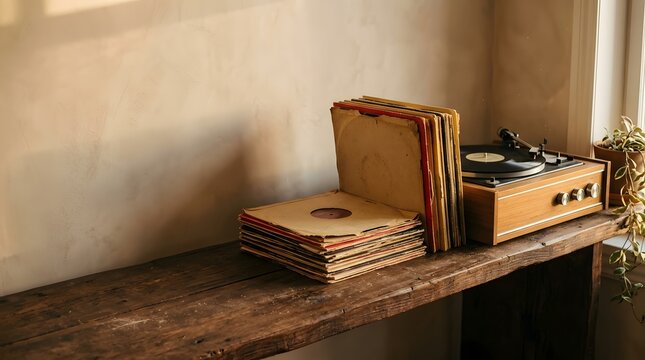 Stack of vintage vinyl records and a retro record player on a rustic wooden shelf, bathed in warm, soft