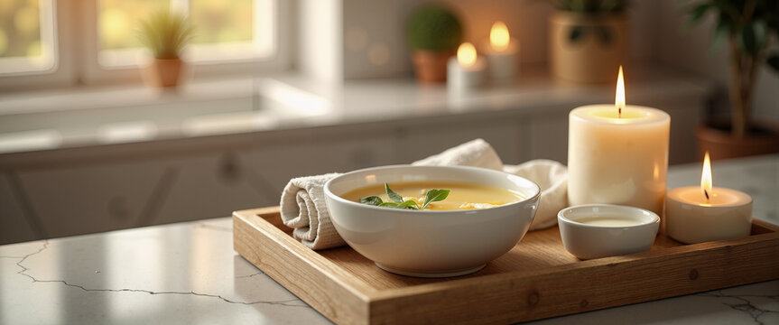 Bathroom accessories with lit flame for luxury spa advertising and self-care routine blogs