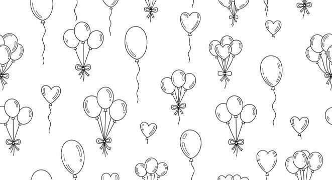 Seamless Balloon Pattern Featuring Hand Drawn Heart Shapes and Round Inflatables Floating on White Background for Party Designs