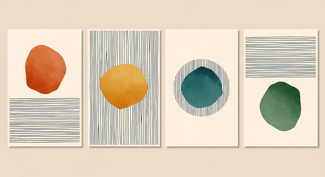 Abstract Watercolor Circle Minimalist Poster Set Featuring Organic Lines and Midcentury Shapes for Home Wall Decor