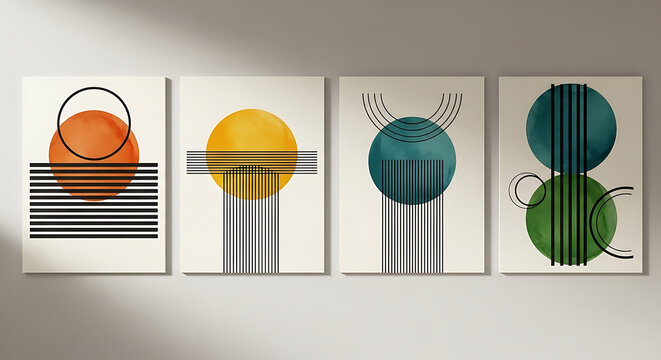 Abstract Geometric Minimalist Wall Art Prints Featuring Midcentury Circles and Lines for Modern Home Interior Decor
