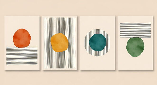 Minimalist Abstract Wall Art Set Featuring Organic Watercolor Circles and Black Linear Patterns for Modern Home Decor