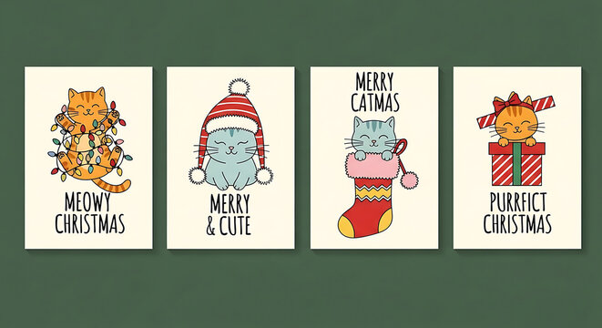 Christmas Cat Kitten Card Holiday Greeting Illustration with Festive Animal Characters for Winter Seasonal Use
