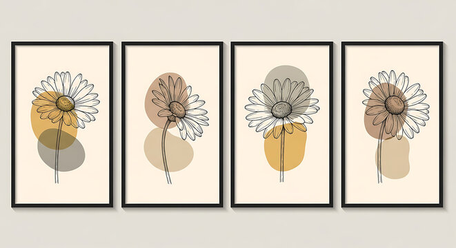 Frame Floral Daisy Flower Line Art Set in Black Frames Hanging on a Beige Wall for Modern Minimalist Interior Decor