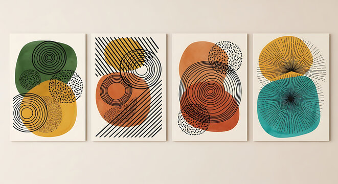 Abstract Poster Midcentury Modern Shapes in a Set of Four Organic Geometric Wall Art Prints for Interior Home Decor