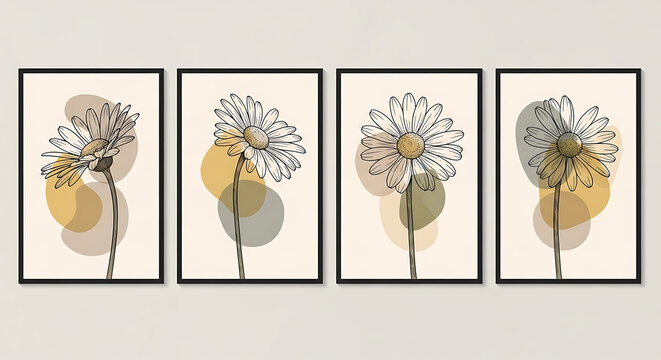Daisy Botanical Minimalist Wall Art Prints Featuring Floral Line Drawings in Black Frames for Modern Interior Decor