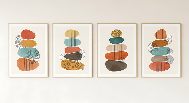 Abstract Art Frame Wall Decor Featuring Minimalist Organic Shapes in Earthy Tones for Modern Interior Design