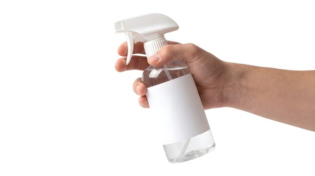 Hand holding clear spray bottle with white pump trigger for