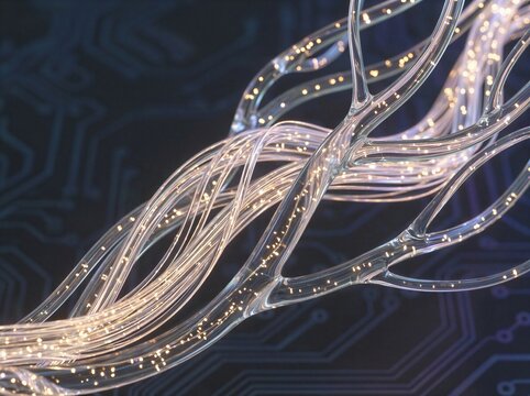 Abstract visualization of glowing fiber optic cables transmitting digital data signals across a circuit board background.