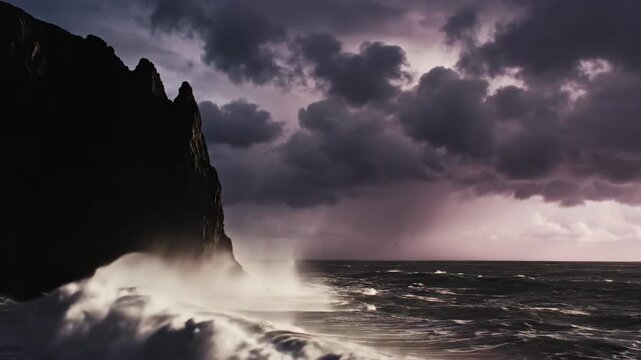 Massive ocean storm waves crashing against steep black sea cliff beneath mauve twilight clouds