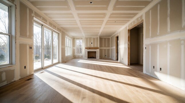 Empty modern living room under renovation with new drywall installed on walls, ceiling. Bright interior space features light wood flooring, large sliding glass doors. Natural sunlight creates shadows