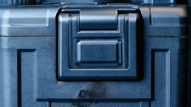 Reinforced plastic latch on rugged dark blue storage case with textured surface, subtle soot smudge, close up industrial detail, and strong studio lighting creating secure utilitarian mood