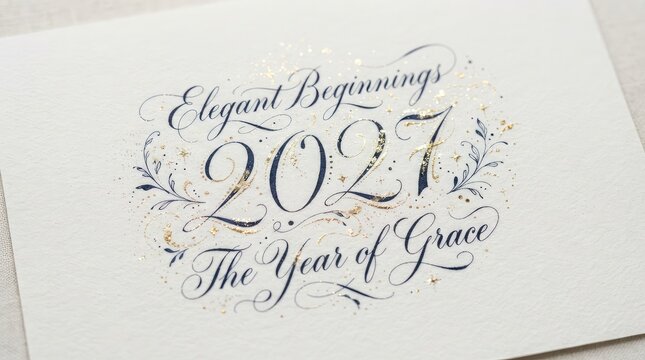 Beautiful hand lettering design featuring the year two thousand seventeen with ornate calligraphy and the inspirational phrase the year of grace on a white background