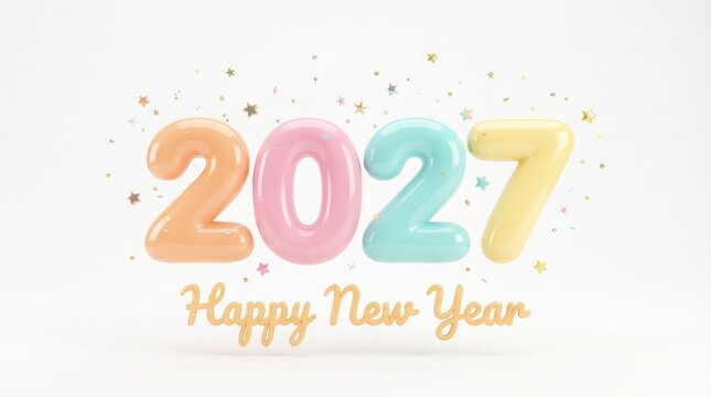 Colorful balloon numbers spelling 2027 with confetti and a happy new year greeting on a white background