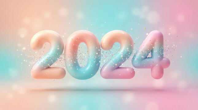 A vibrant three dimensional rendering of the year two thousand twenty four with a soft pastel gradient backdrop ideal for new year festivities and graphic
